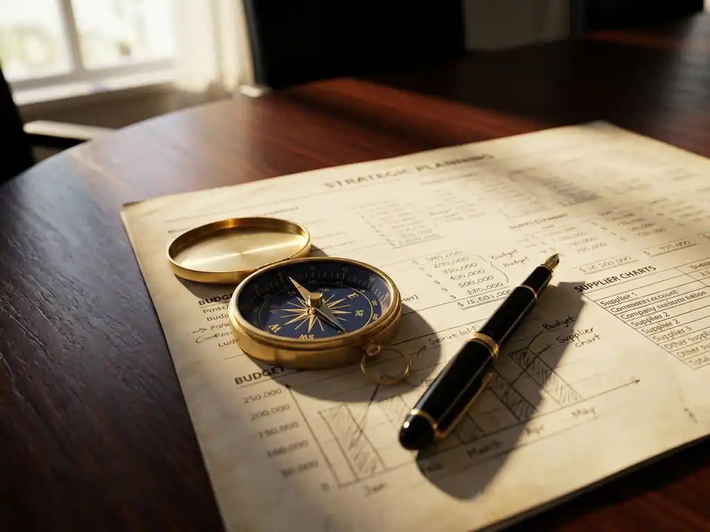 Polished compass open on a strategic planning document with budget figures and supplier charts, fountain pen beside it on a mahogany boardroom table.