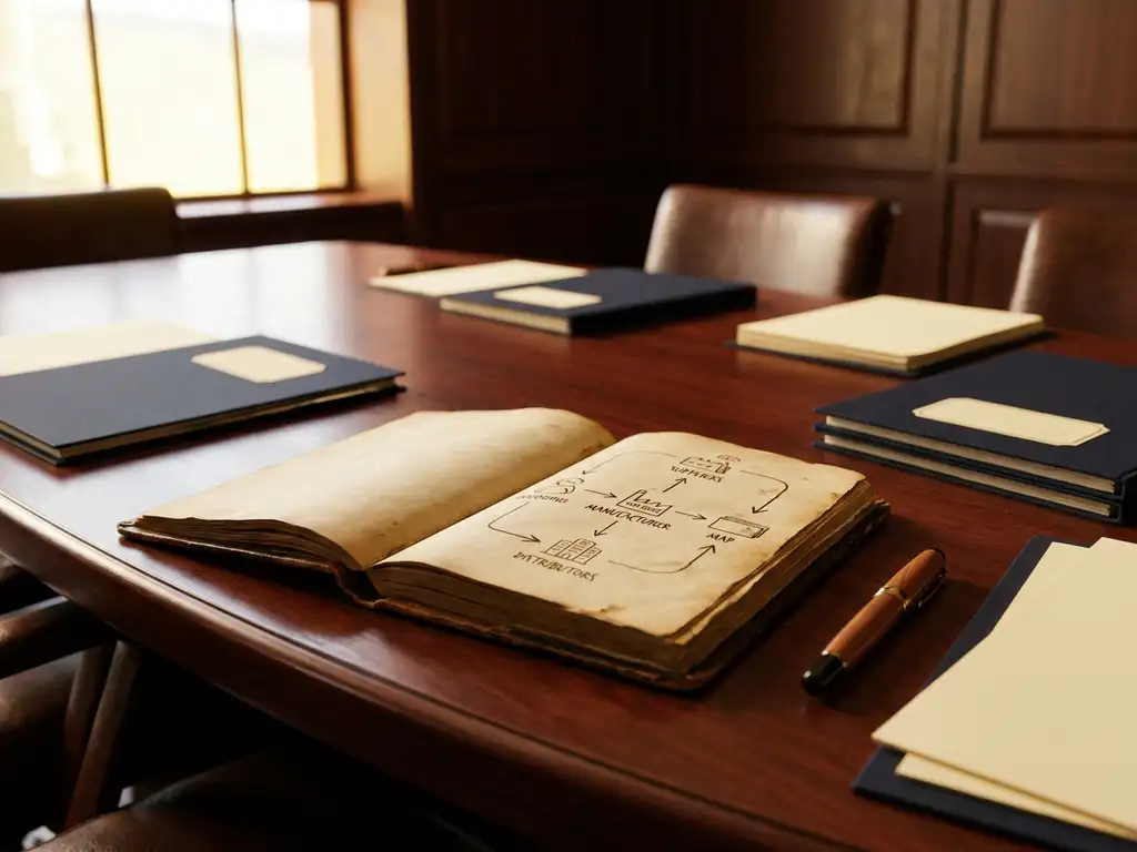 Leather-bound notebook open to a hand-drawn supplier map beside contract folders and a fountain pen on a mahogany boardroom table.