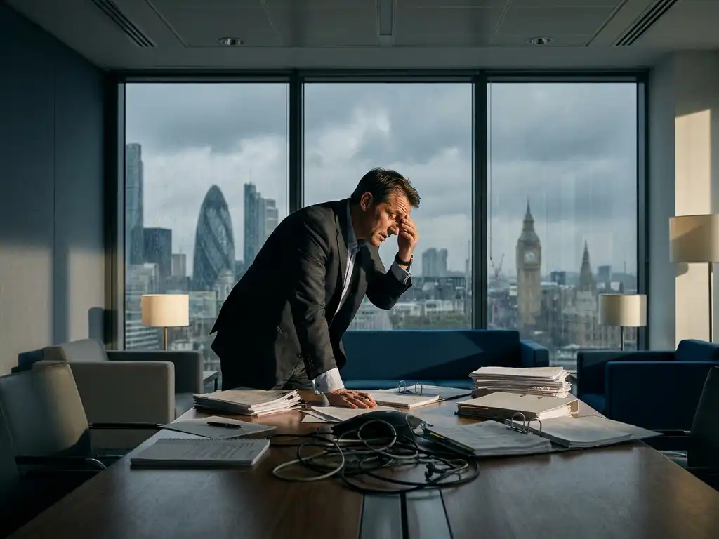 Stressed operations leader at a boardroom table stacked with supplier contracts and procurement folders, London skyline visible through floor-to-ceiling windows.