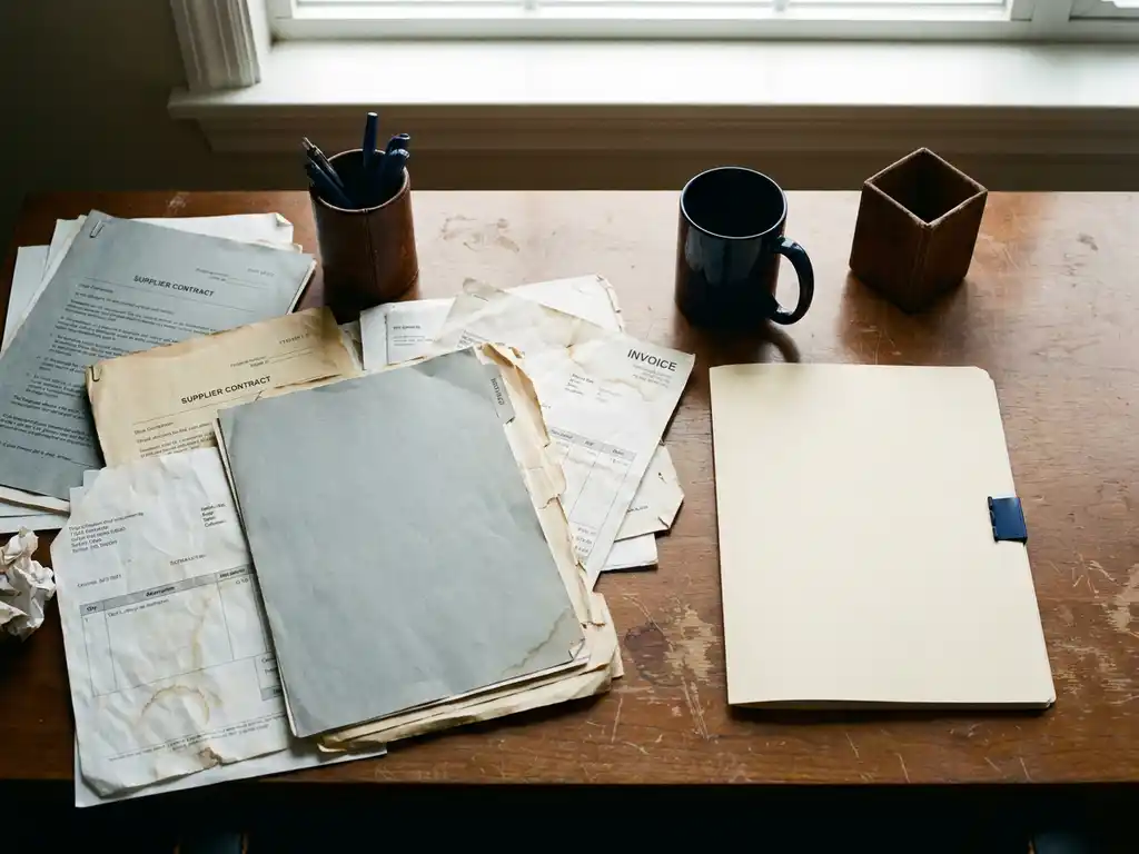 Fraying supplier contracts and paper invoices cluttering a corporate desk beside a single clean manila folder, overhead flat lay with soft diffused light.