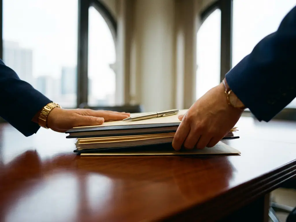 Executive hands consolidating supplier contracts and procurement folders into one stack on a mahogany boardroom table with a pen resting across the documents.