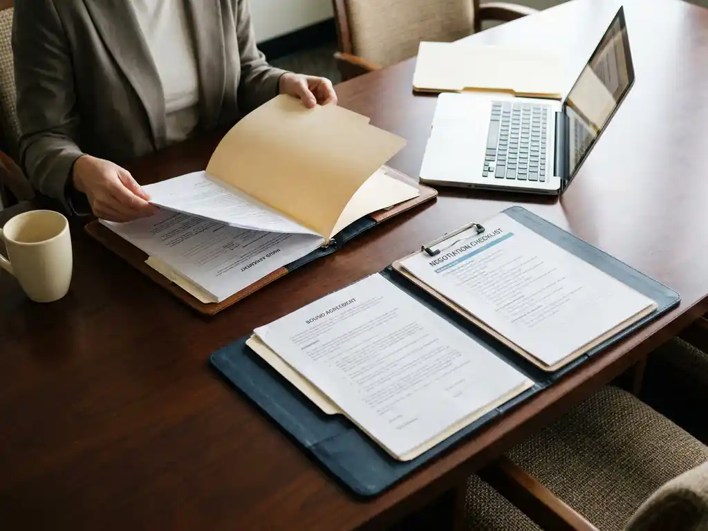 Procurement professional sorting supplier contracts, vendor folders, and negotiation checklist on a conference table with laptop nearby.