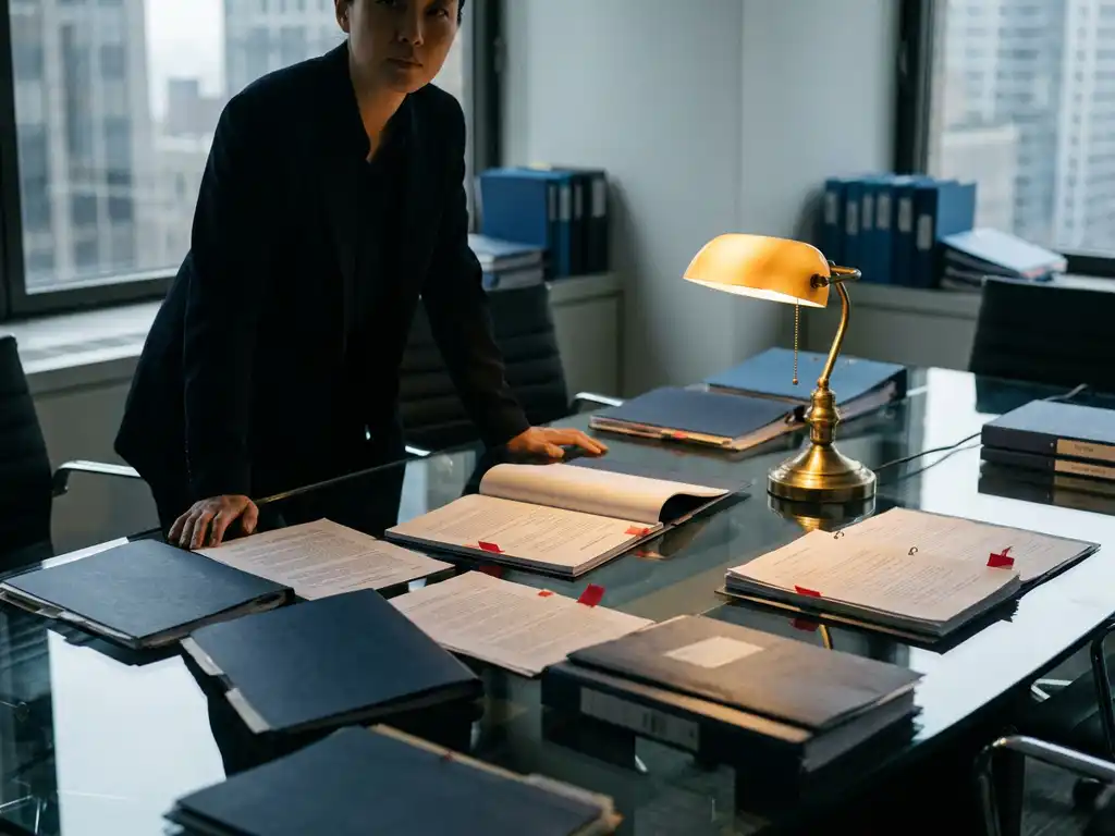 Procurement manager reviewing highlighted supplier contracts on a glass boardroom table, red-flagged documents and navy folders in background.
