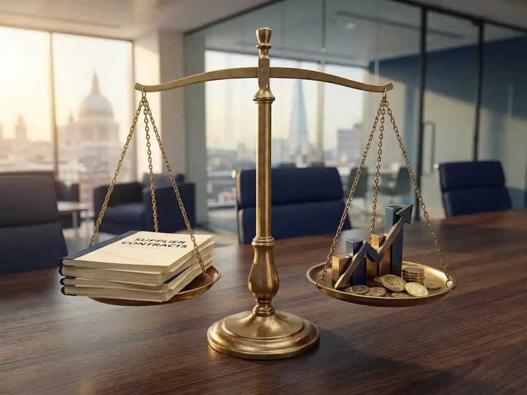 Brass scale balancing supplier contracts against gold coins and an upward-trending graph, on a boardroom desk with London skyline backdrop.