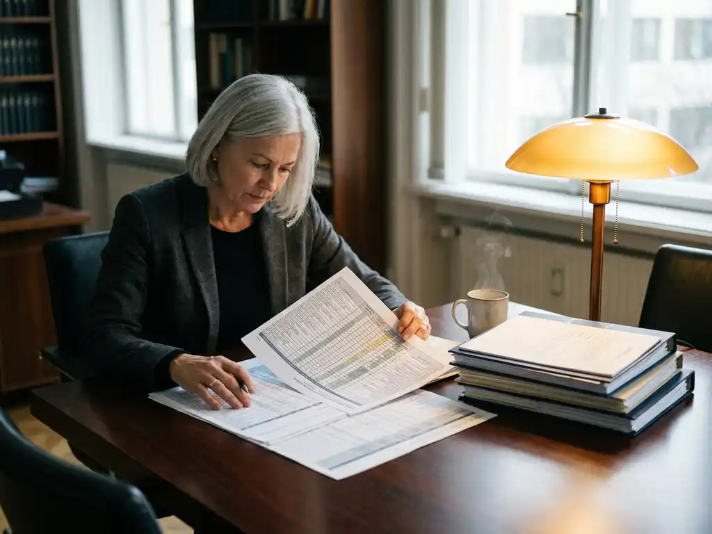 Procurement consultant reviewing supplier evaluation matrix on boardroom table with stacked contracts and coffee cup under warm lamp light.