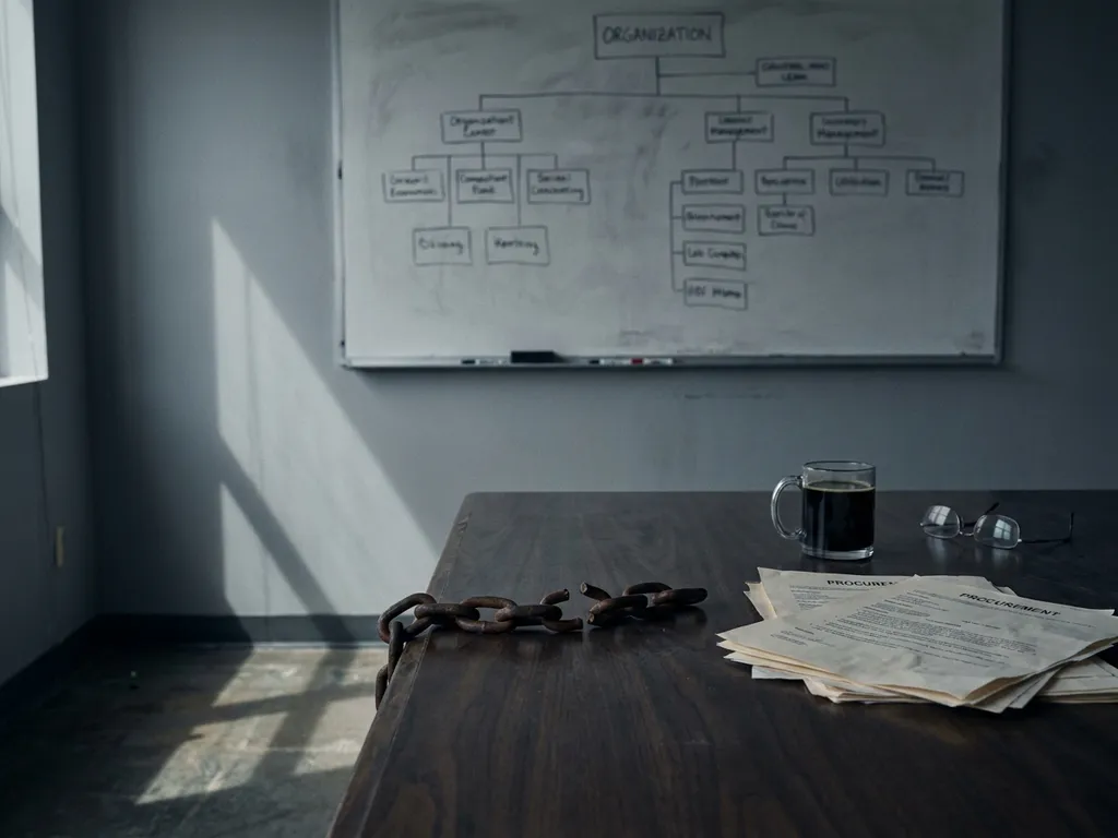 Organizational flowchart on a whiteboard with a broken chain link on a boardroom table beside scattered procurement documents and untouched coffee.