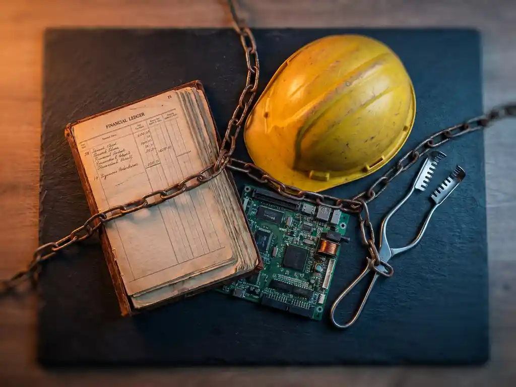 Surgical instrument, hard hat, financial ledger, and circuit board linked by chain on slate surface, symbolizing cross-industry supply chain.