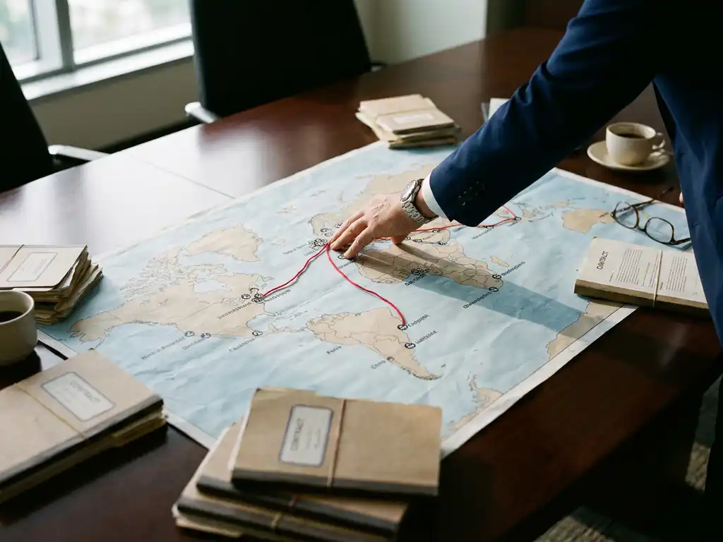 Procurement consultant's hand tracing a global supply chain map on a boardroom table, red thread connecting supplier nodes among contract folders.