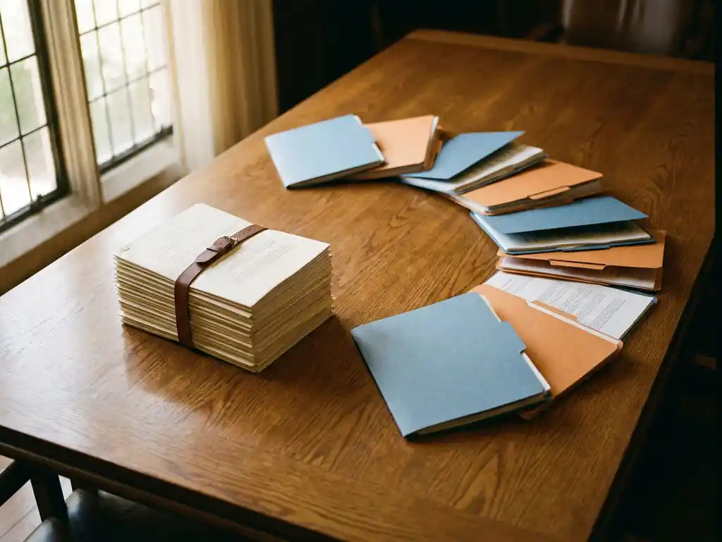Oak boardroom table with unified supplier contracts stacked neatly on one side, scattered departmental folders fanning out on the other.