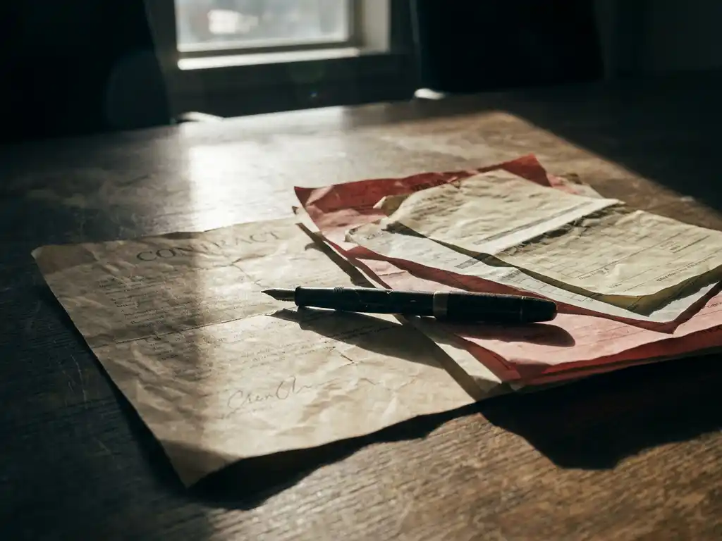 Crumpled signed contract buried under unpaid invoices on a worn oak desk, cracked pen resting across shadowed paperwork.