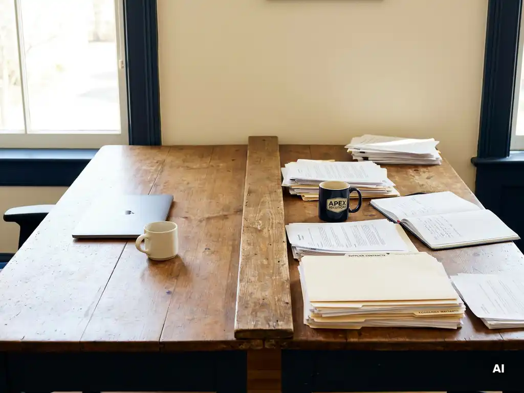 Wooden desk split between a minimal laptop workspace and a side stacked with supplier contracts, folders, and a navy coffee mug in warm natural light.