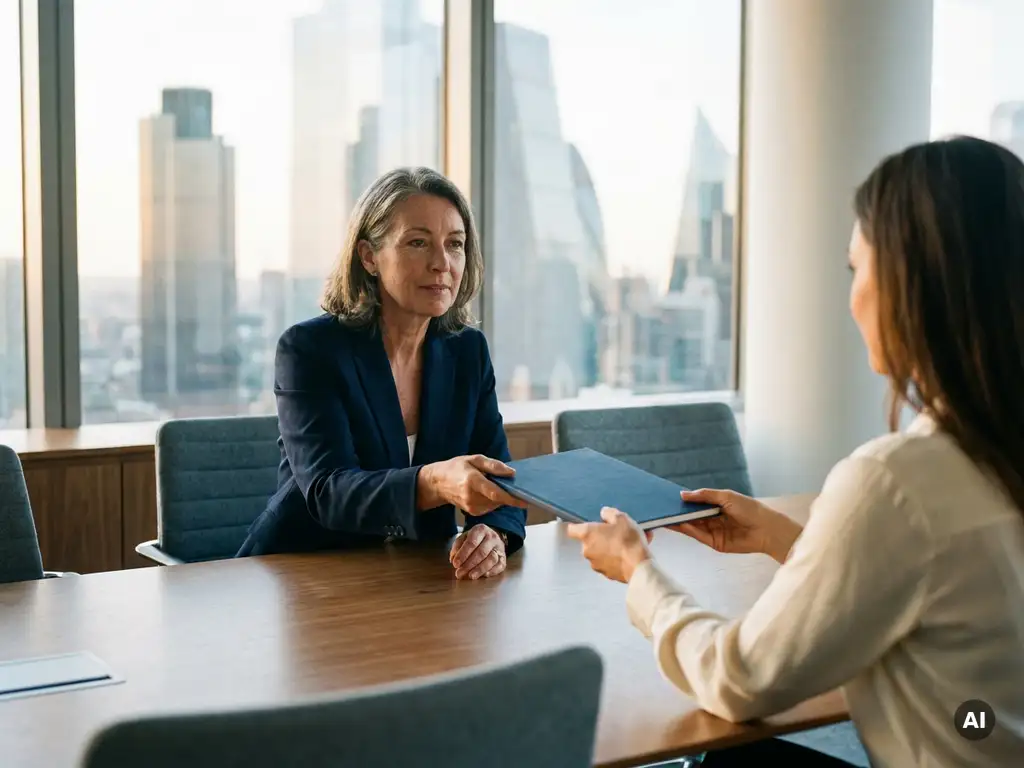 Consultant handing a bound contract folder to a client across a conference table in a modern London office with floor-to-ceiling windows.