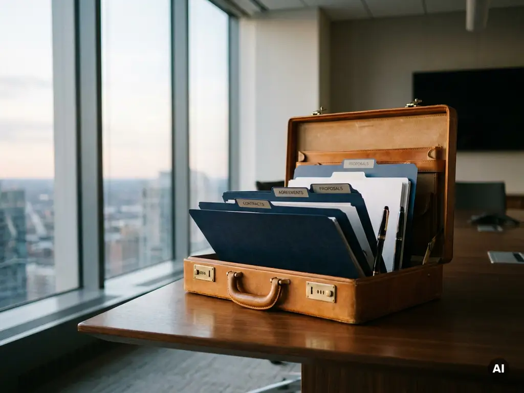 Open leather briefcase with contract folders and fountain pen on a boardroom table, city skyline visible through floor-to-ceiling windows.