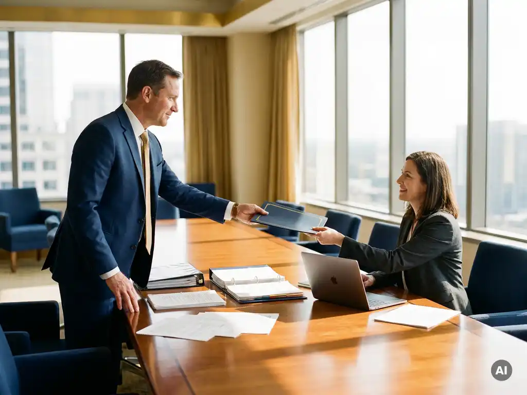 Procurement consultant handing a bound contract folder to a client across a boardroom table with supplier documents and laptop nearby.