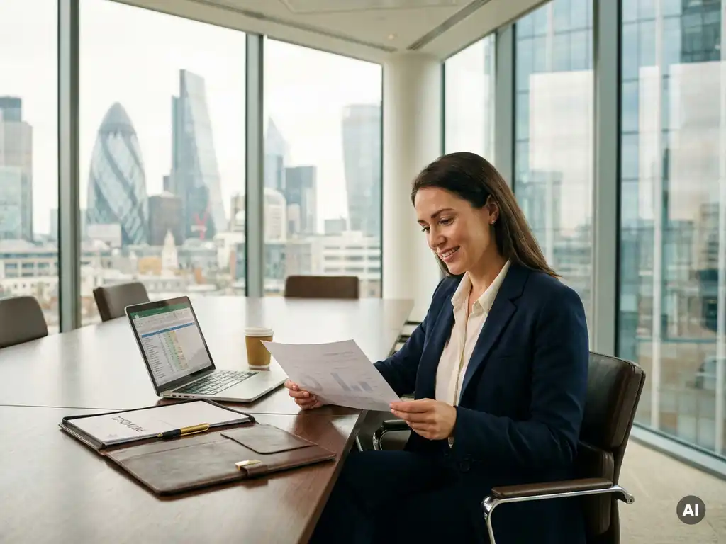Procurement consultant reviewing a cost-analysis document at a conference table with a proposal folder and laptop, London glass-walled office in background.