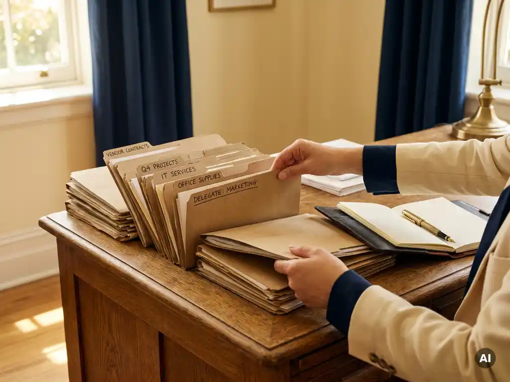 Procurement consultant sorting labeled manila folders on an oak desk, with an open notebook and pen nearby, lit by warm golden window light.
