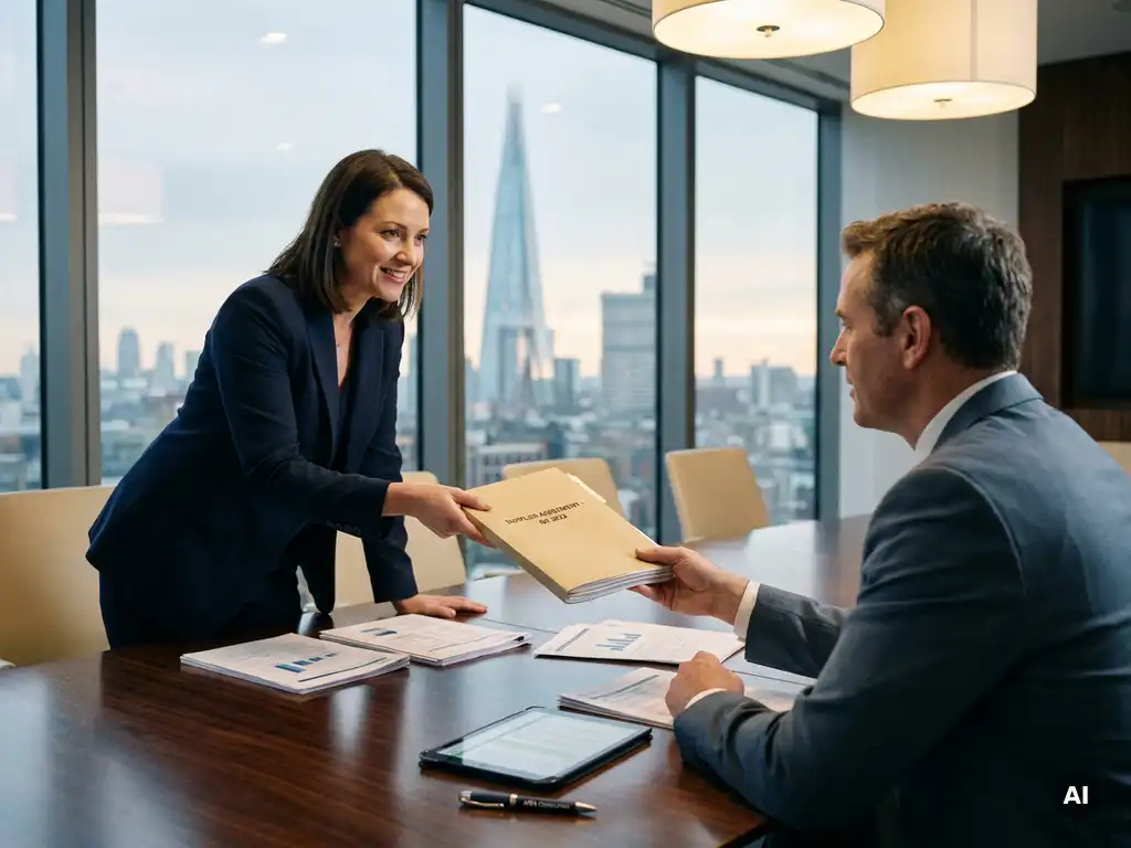 Procurement consultant handing a supplier contract folder to a corporate client across a boardroom table with bid documents, London skyline in background.