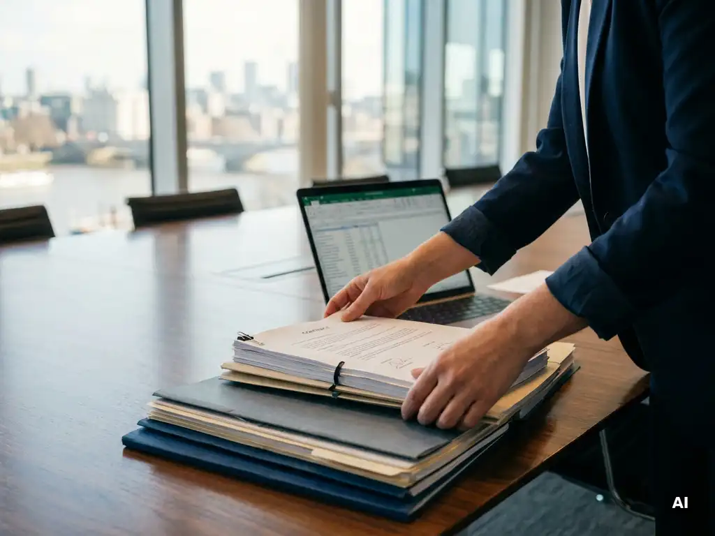 Procurement consultant organizing color-coded supplier folders and signed contracts on a conference table beside an open laptop in a modern London office.
