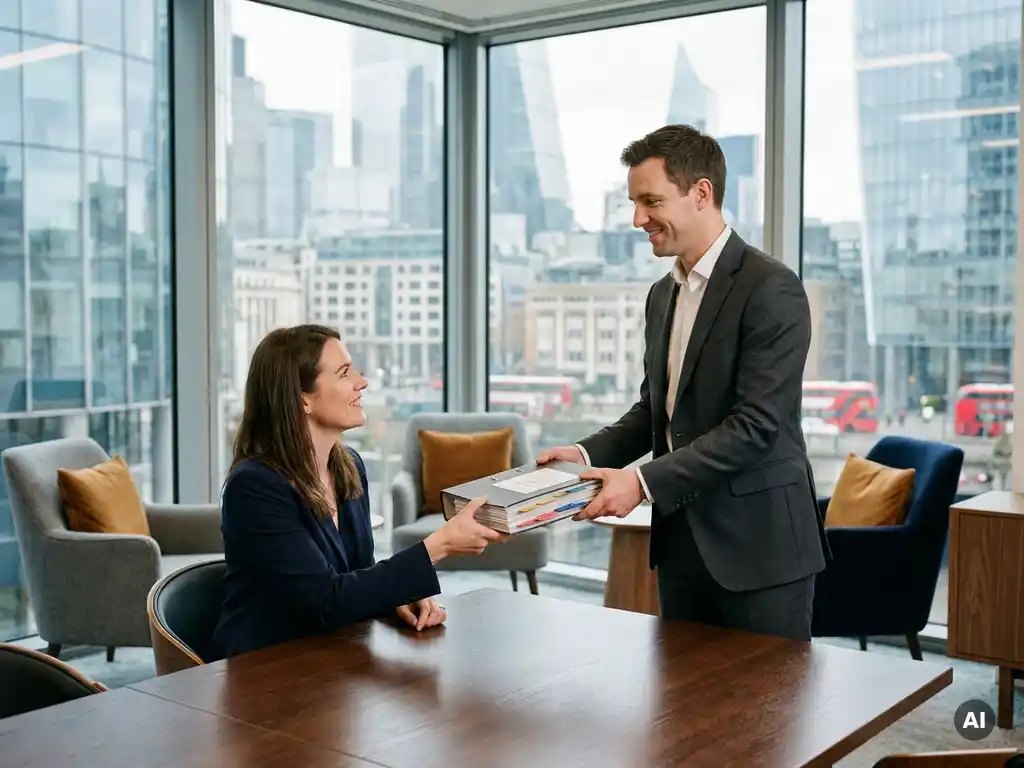 Procurement consultant handing a binder of supplier contracts to a client across a conference table in a modern London office.