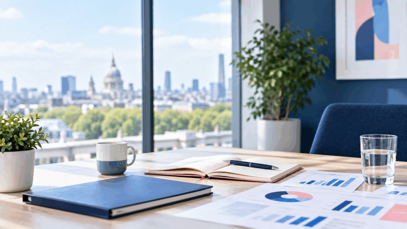 Procurement planning documents and charts on a desk in a bright office.